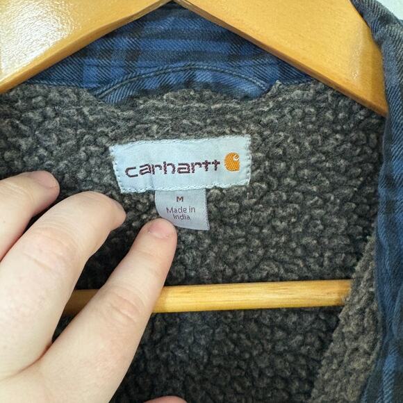 Carhartt Shirt Jacket Plaid Sherpa Lined Medium Blue Gray Outdoors Workwear - Picture 3 of 6